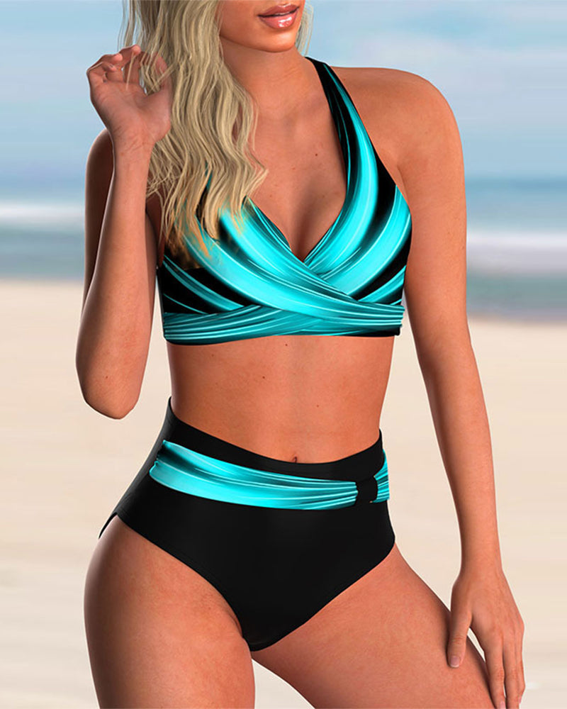 KROHN-E Damen Bikini Set Muster Kreuz-Ausschnitt Verstellbare Träger