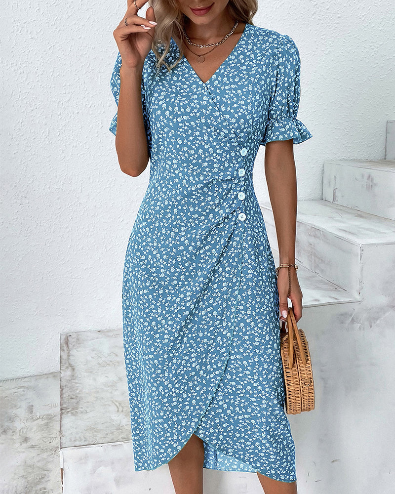 KROHN-E Damen V-Ausschnitt Kleid Blumenmuster Fließend Sommer