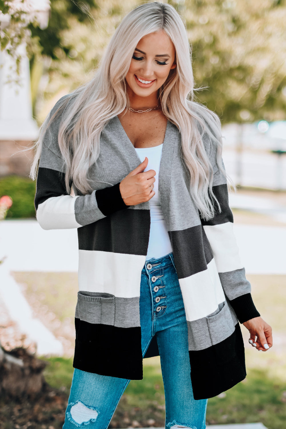 Krohn-e | Farbblock Offene Front Rippbündchen Cardigan mit Taschen
