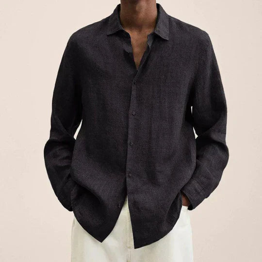 Leinen-Mischung Langarmshirt von Fudus, klassischer Kragen, Knopfleiste, Relaxed Fit