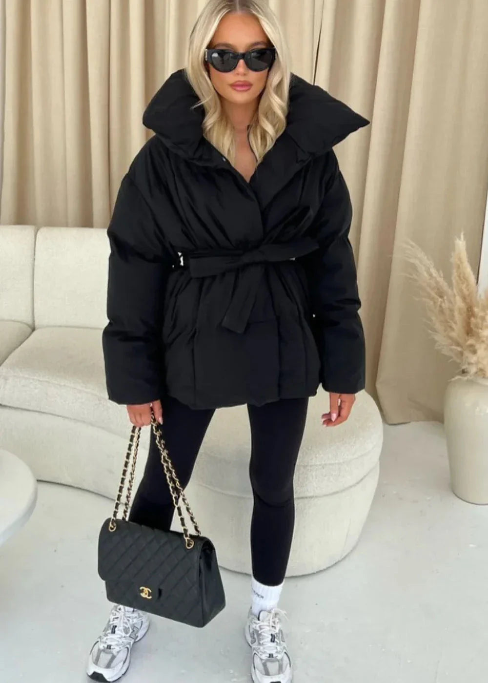 Krohn-e | jack mit Gürtel für Damen - warmer brauner Jacke mit oversized Kragen