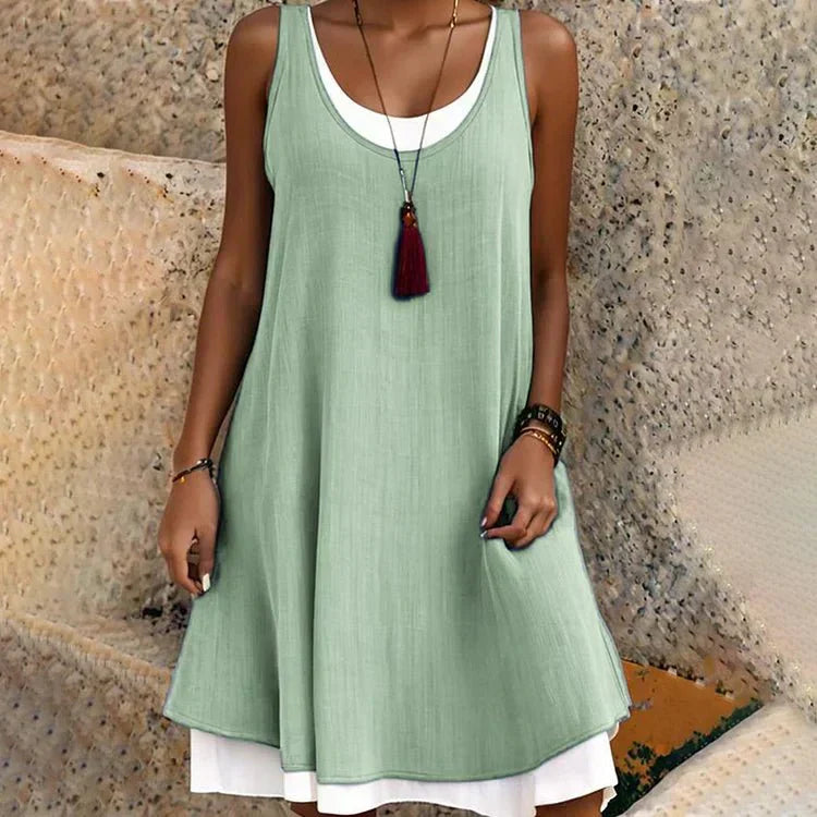 KROHN-E Damen Lagen-Mini-Kleid Ärmellos Rundhals Zweifarbig Schwarz-Weiß