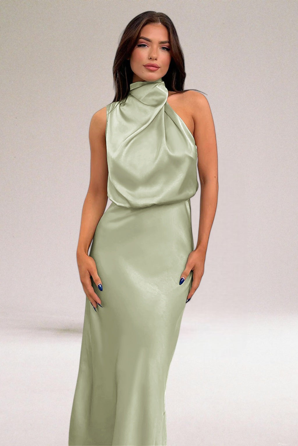 KROHN-E Damen Neckholder Kleid Fließend Glänzend Abendkleid