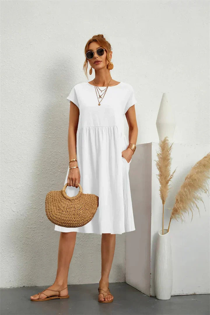 KROHN-E Damen Casual-Kleid Kurze Ärmel Seitentaschen Leichter Stoff Relaxed-Fit