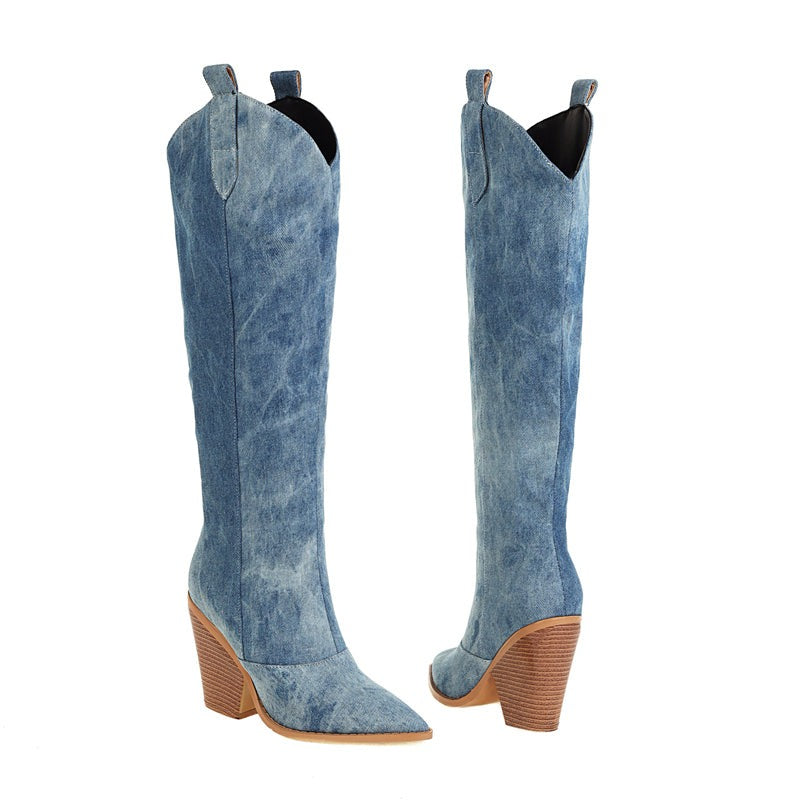 Krohn-e | Nischen Schlitz Spitze Zehe Ultra Hohe Absatz Hohe Röhre Denim Stiefel