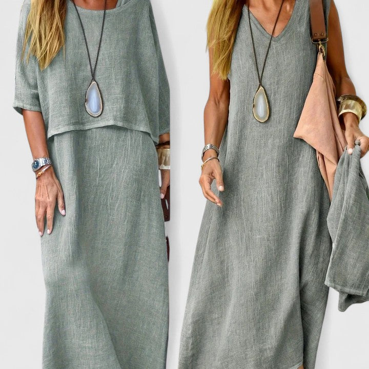KROHN-E Damen Zweiteiler Maxi-Kleid Leinen-Look Beige Casual