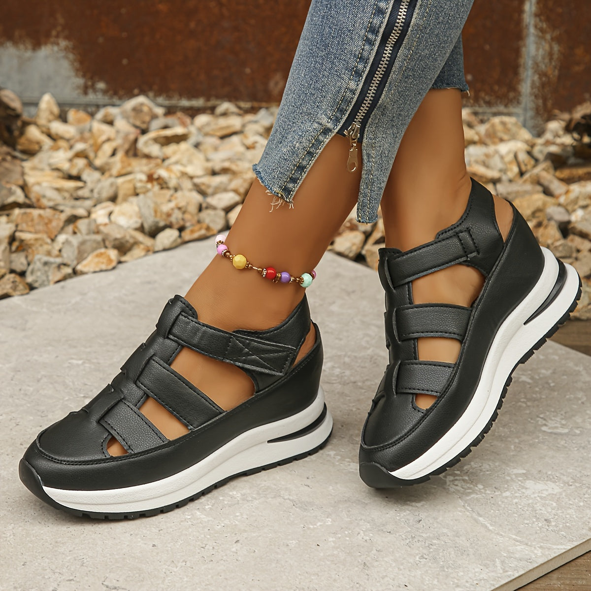 KROHN-E Damen Platform-Sandalen Verstellbar Gepolstert