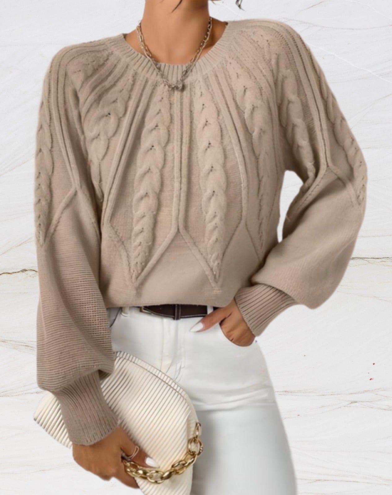 Krohn-e | Eleganter Pullover - Beiger Pfeil-Stil Strickpullover
