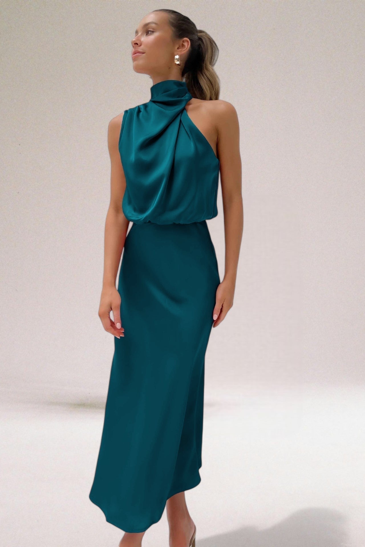 KROHN-E Damen Neckholder Kleid Fließend Glänzend Elegant Abendkleid