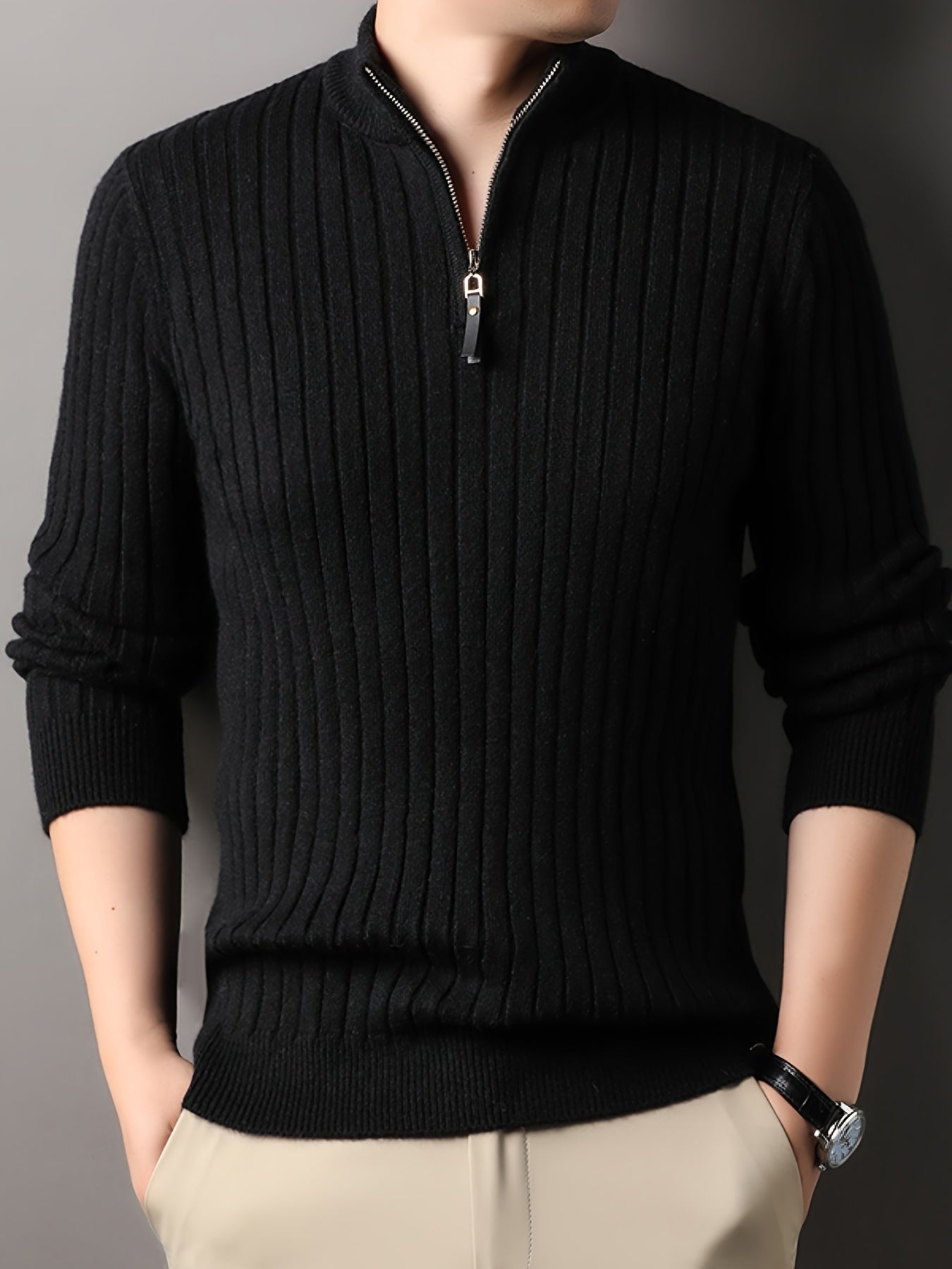 Krohn-e | Strickpullover mit Hohem Kragen und Reißverschluss Geripptes Design Weiches Material
