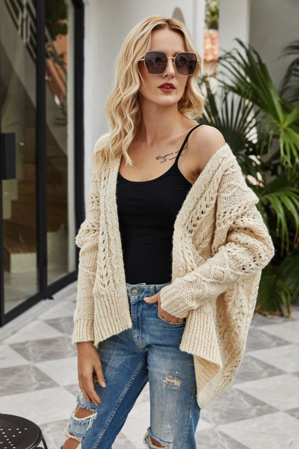 Krohn-e | Gerippter Besatz Offenes Strickjacke