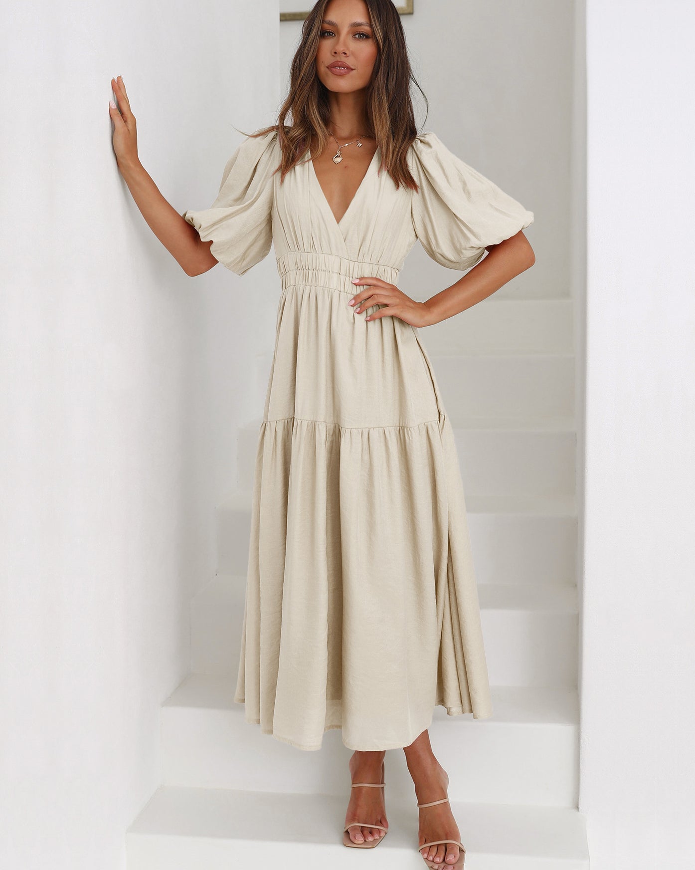 KROHN-E Damen V-Ausschnitt Midi-Kleid Puffärmel Schwarz