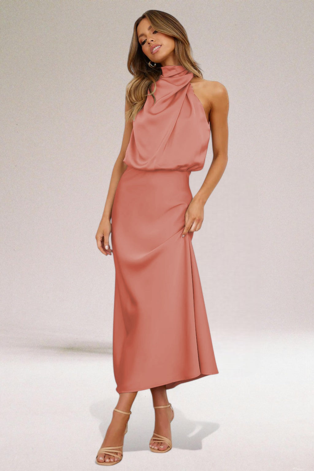 KROHN-E Damen Neckholder Kleid Fließend Glänzend Elegant Abendkleid
