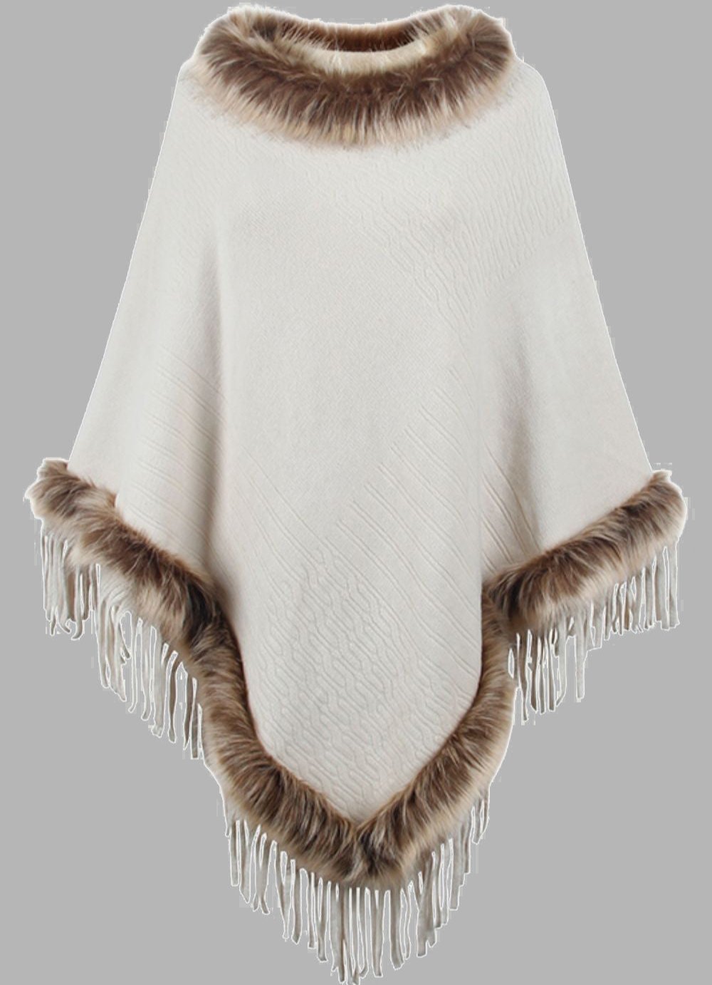 Krohn-e | Elegante Damen Poncho mit Pelzkragen und Fransen