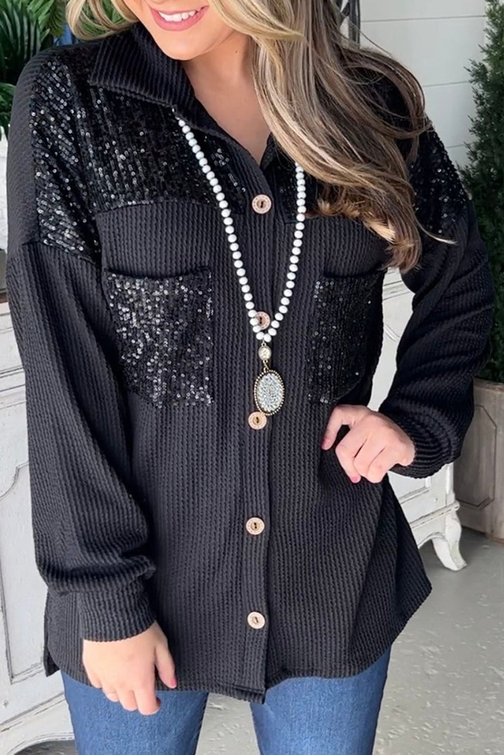 Krohn-e | Gerippte Blusenjacke mit Pailletten-details Polyester-mischung Festlich und Trendy