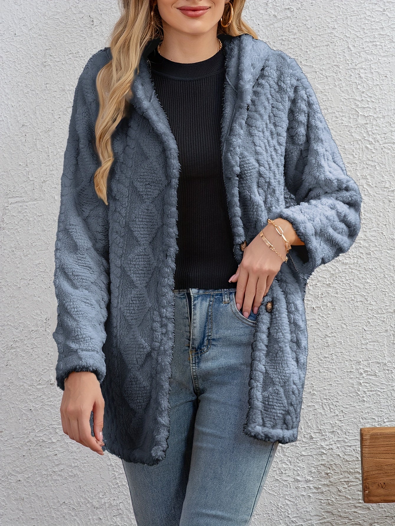 Krohn-e | Fluffy Kapuzenjacke mit Knöpfen Polyester Weich und Warm