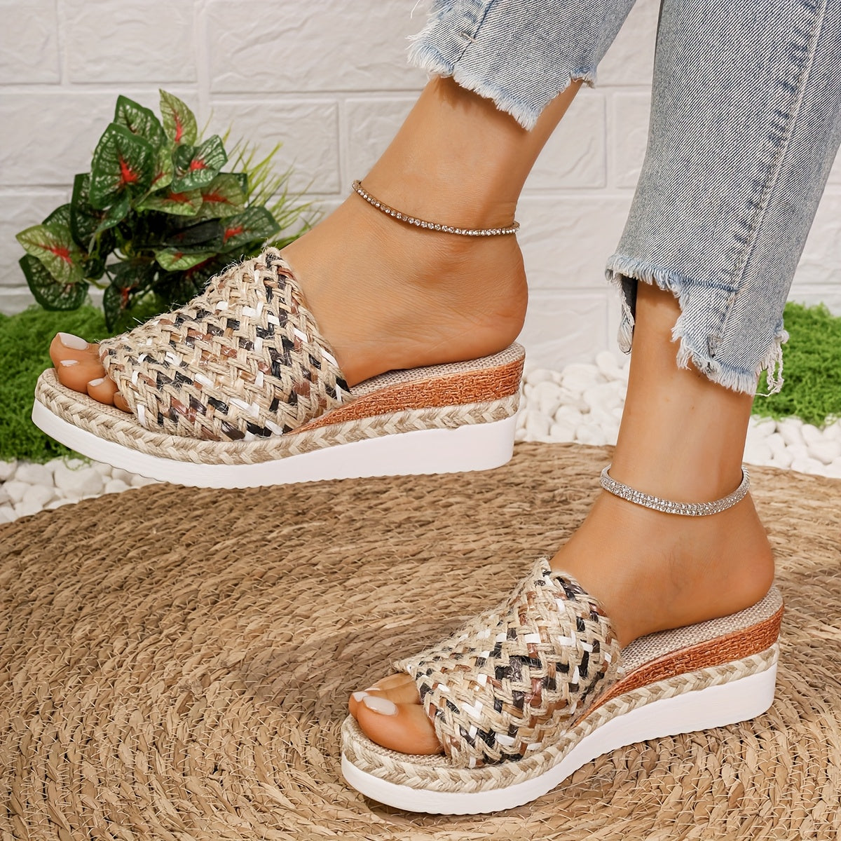 KROHN-E Damen Keilabsatz-Sandalen Geflochten Verstellbare Riemen