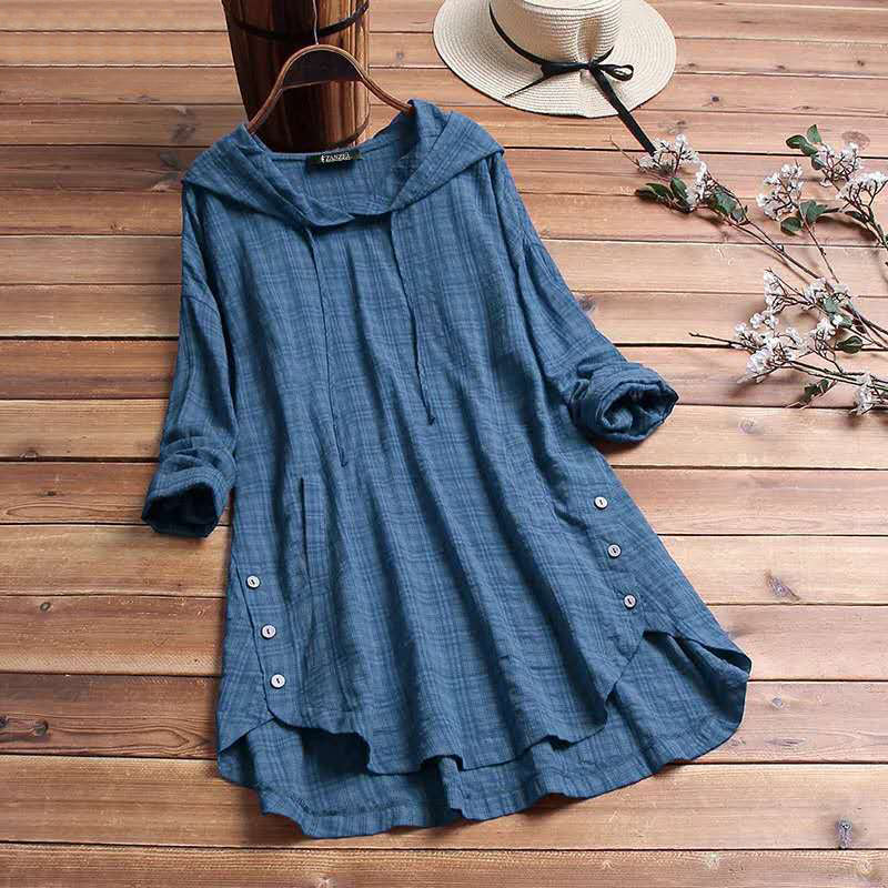 Amilla | Damen Kapuzenbluse Langarm Knöpfe Casual