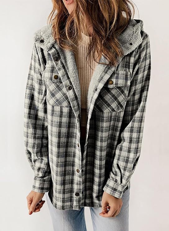 Krohn-e | Plaid Jacke Langarm Schnalle Wolle mit Kapuze