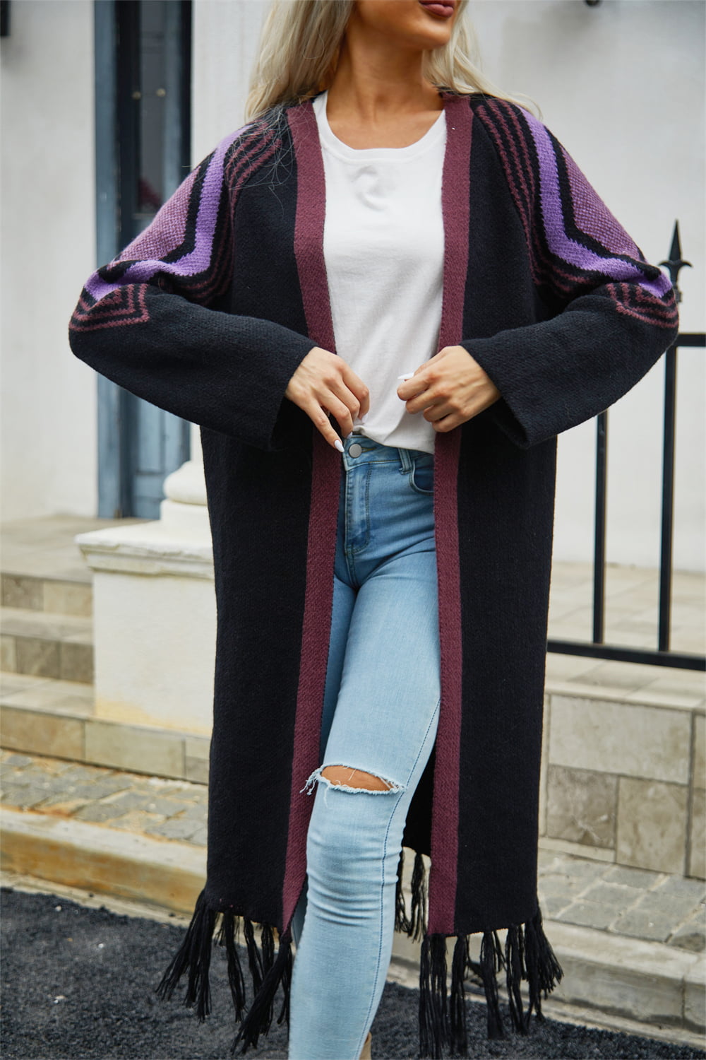 Krohn-e | Geometric Fringe Hem Offene Front Duster Cardigan