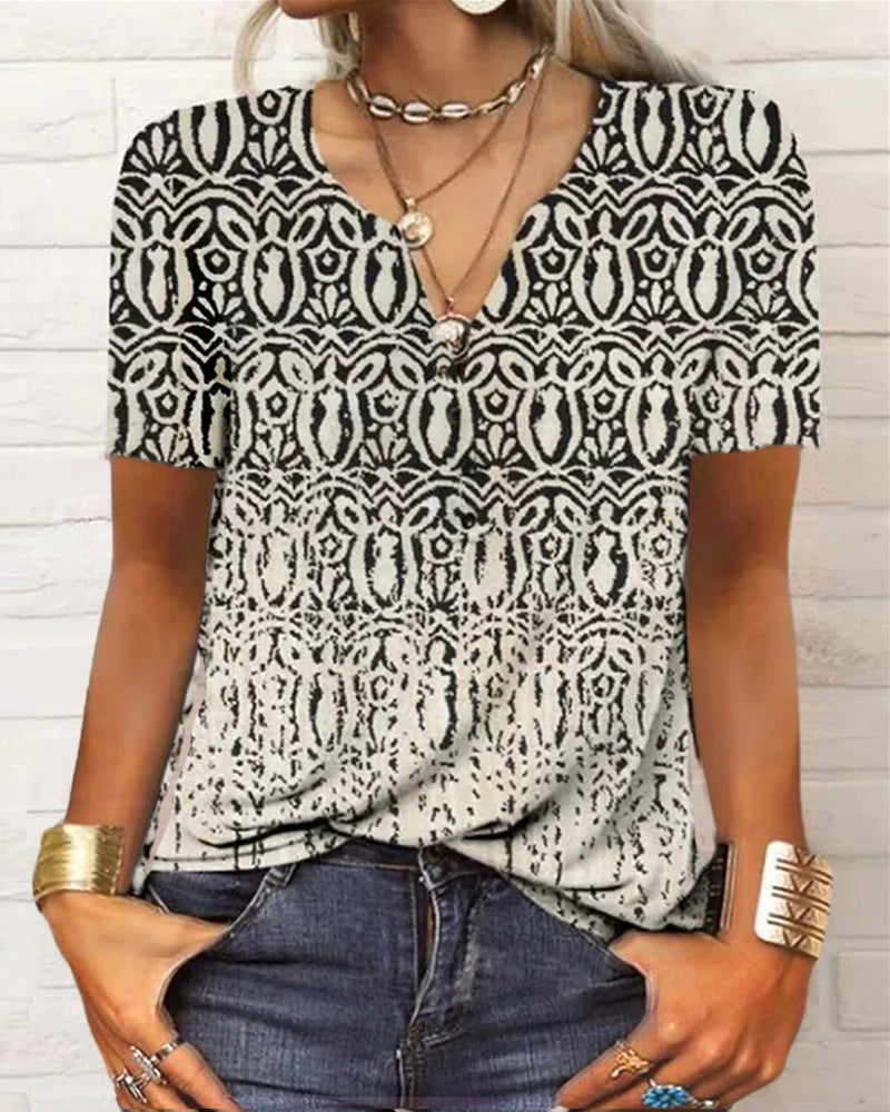 Damen Langarm T-Shirt mit Blumenmuster und V-Ausschnitt von Fudus Lockeres