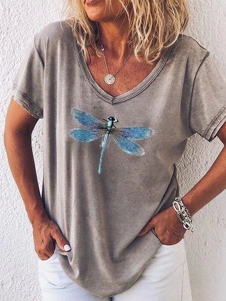 KROHN-E Damen V-Ausschnitt T-Shirt Libellen-Print Rosa Casual