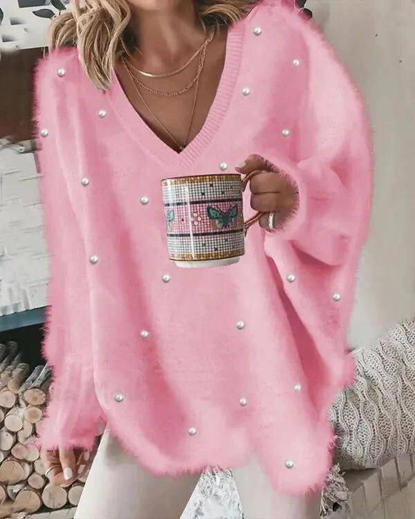 Damen-Pullover mit langen Ärmeln und Perlen, flauschig weich