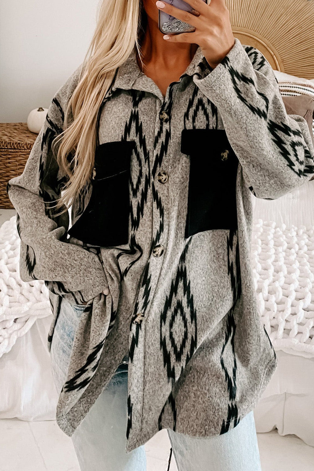 Krohn-e | Hemdjacke mit Aztekischem Druck Weiche Wollmischung Boho-chic Stil