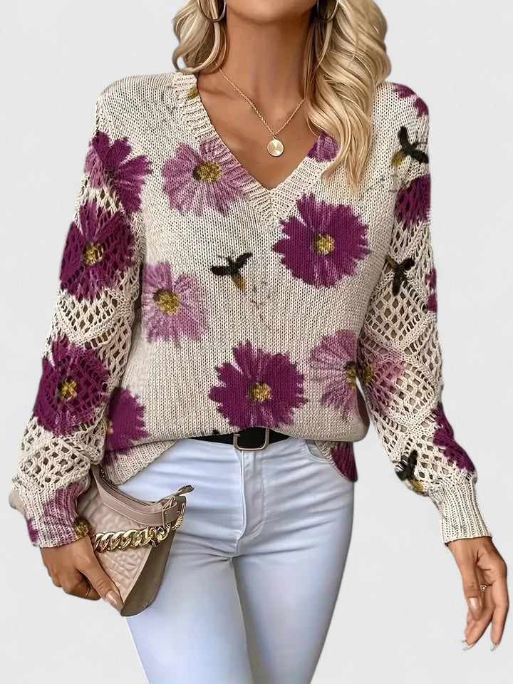 KROHN-E Damen Pullover Blumenmuster Weich Entspannte Passform
