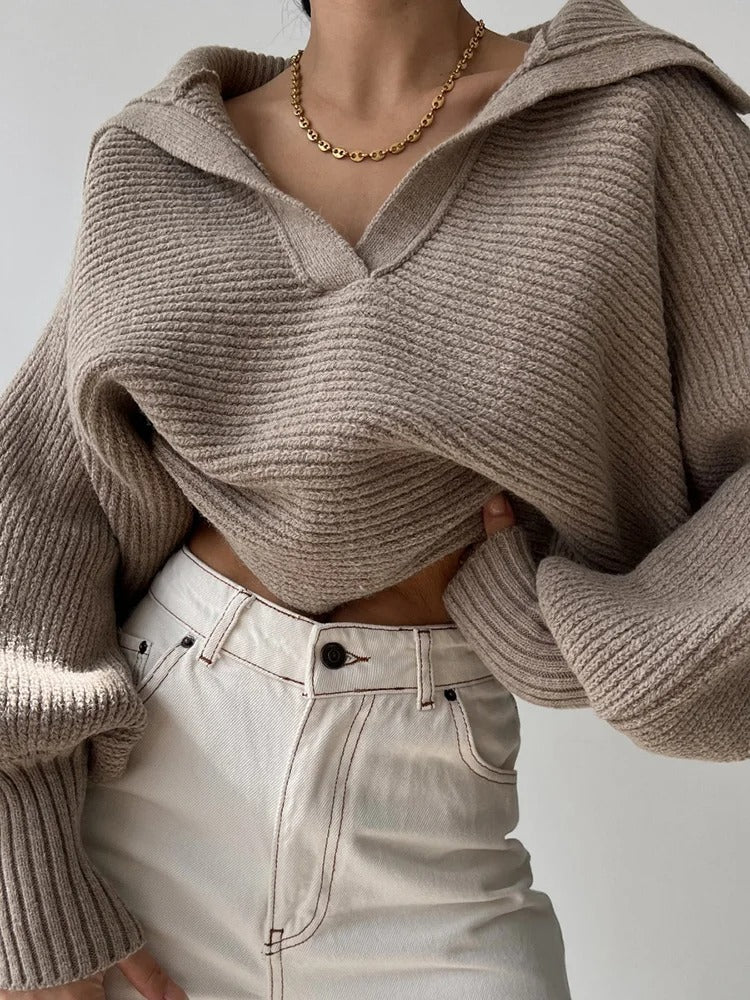 Krohn-e | Strickpullover mit Laternenärmeln und offenem Kragen