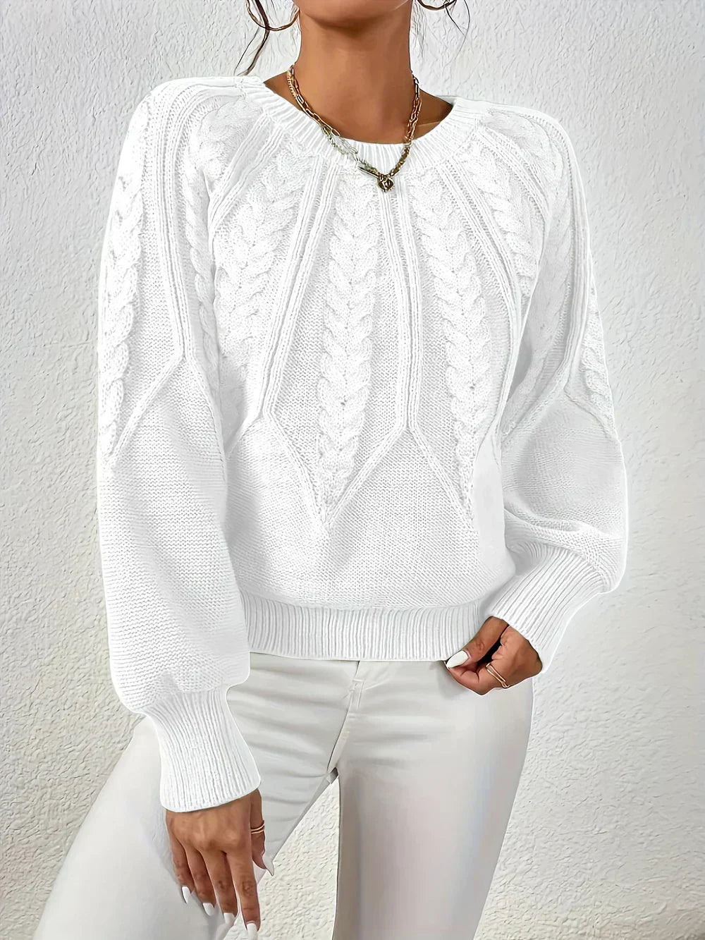 KROHN-E Damen Strickpullover Cable-Knit Oversize Beige Baumwolle
