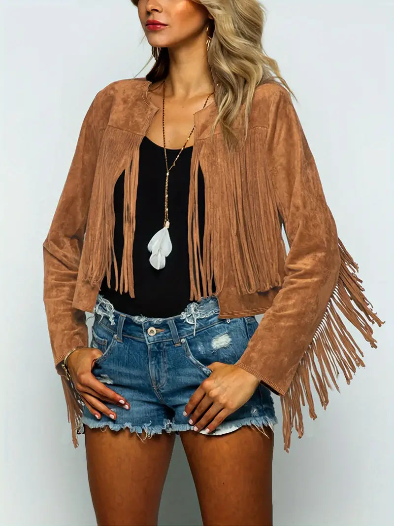 Krohn-e | Offene Jacke mit Fransen Saum Im Wildleder Look