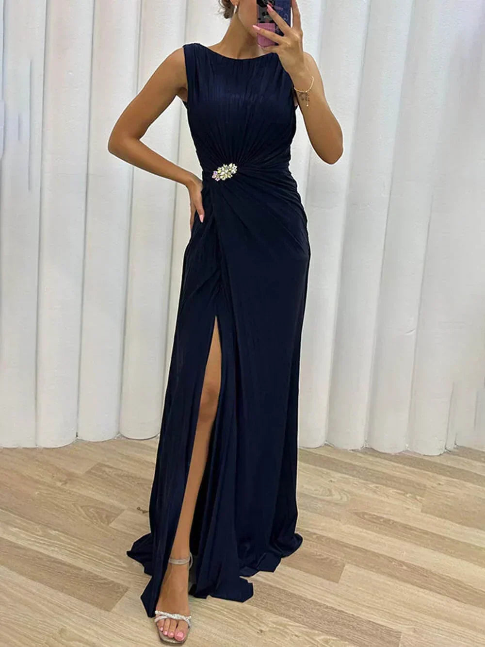 KROHN-E Damen Plissee Maxikleid Abendkleid Elegant Bodenlang
