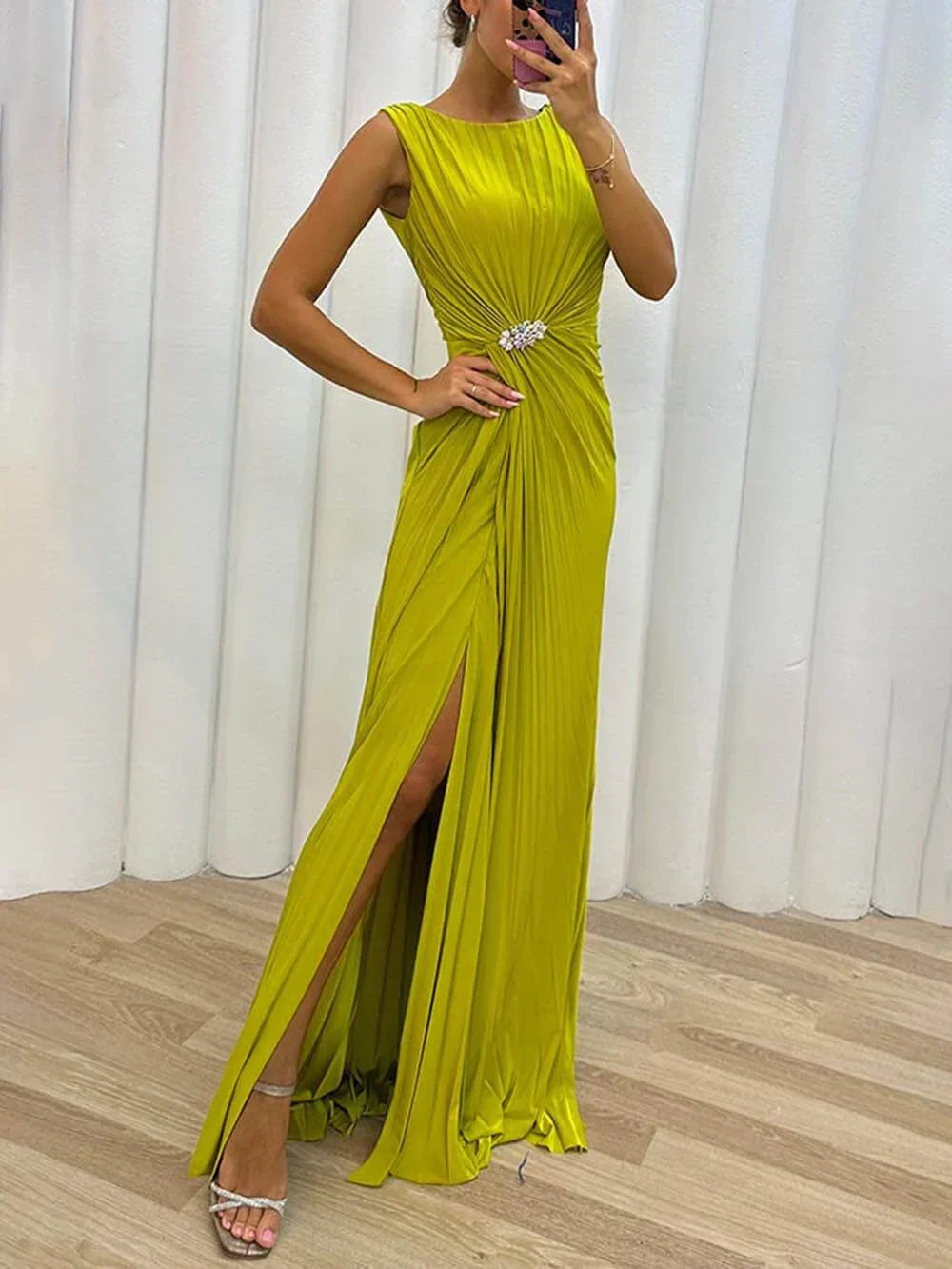 KROHN-E Damen Plissee Maxikleid Abendkleid Elegant Bodenlang