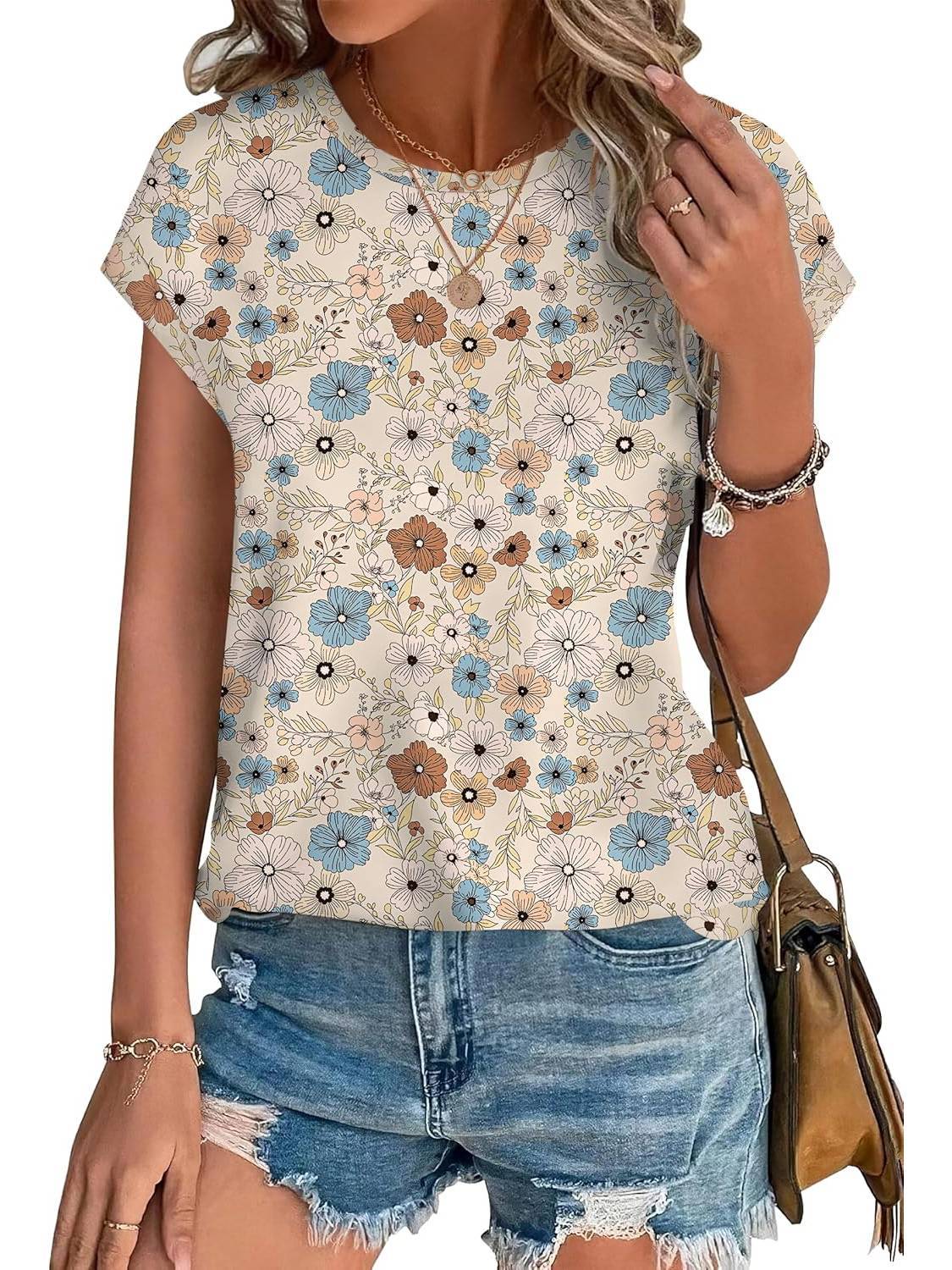 KROHN-E Damen Casual-Top Blätterdruck Rundhalsausschnitt Kurzarm