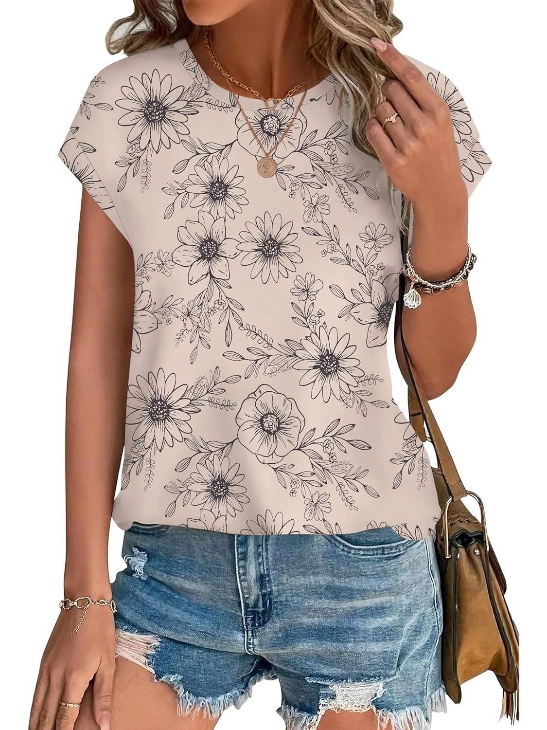Zoella | Damen Bluse Kurzarm Rundhals Blätterdruck Bunt