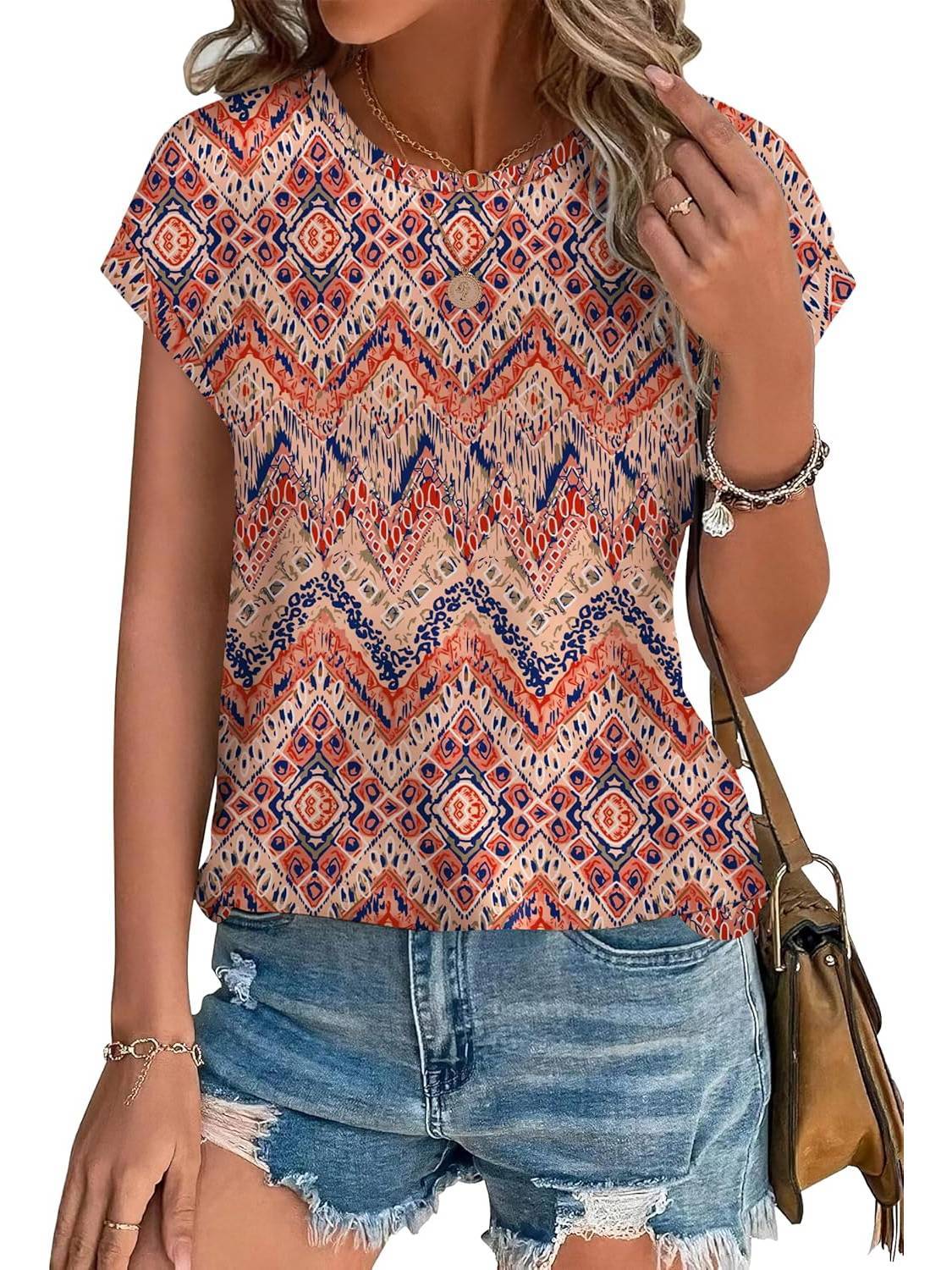 KROHN-E Damen Casual-Top Blätterdruck Rundhalsausschnitt Kurzarm