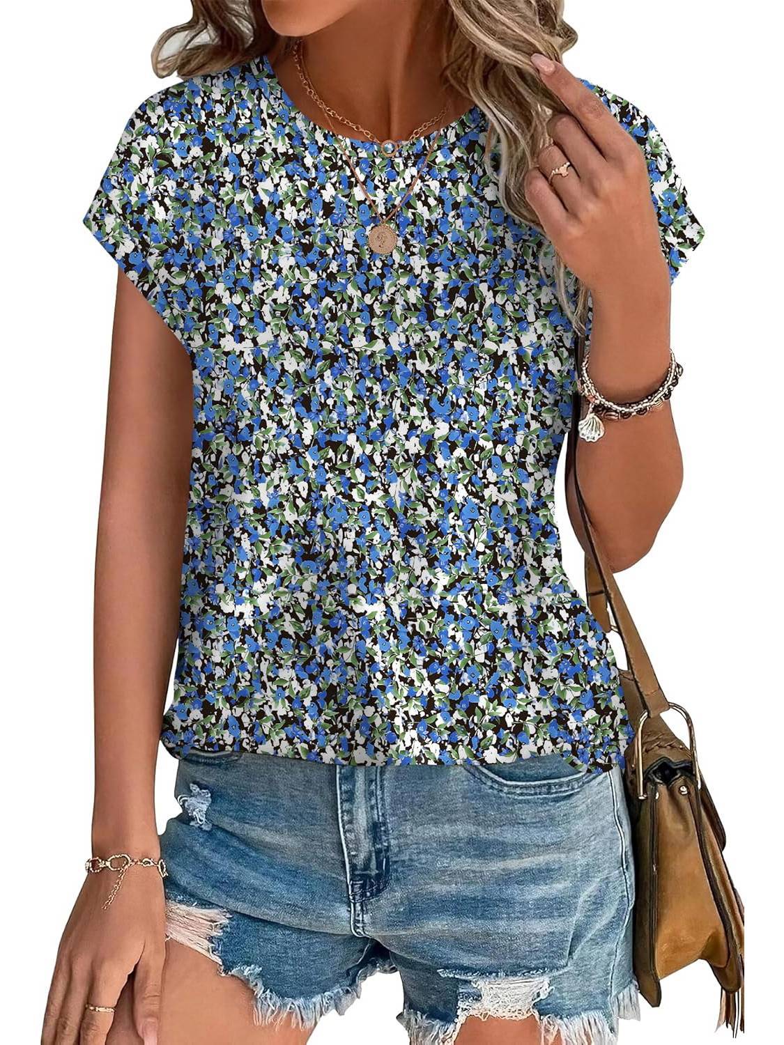 KROHN-E Damen Casual-Top Blätterdruck Rundhalsausschnitt Kurzarm