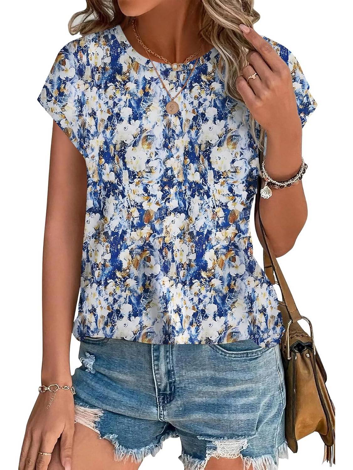 Zoella | Damen Bluse Kurzarm Rundhals Blätterdruck Bunt