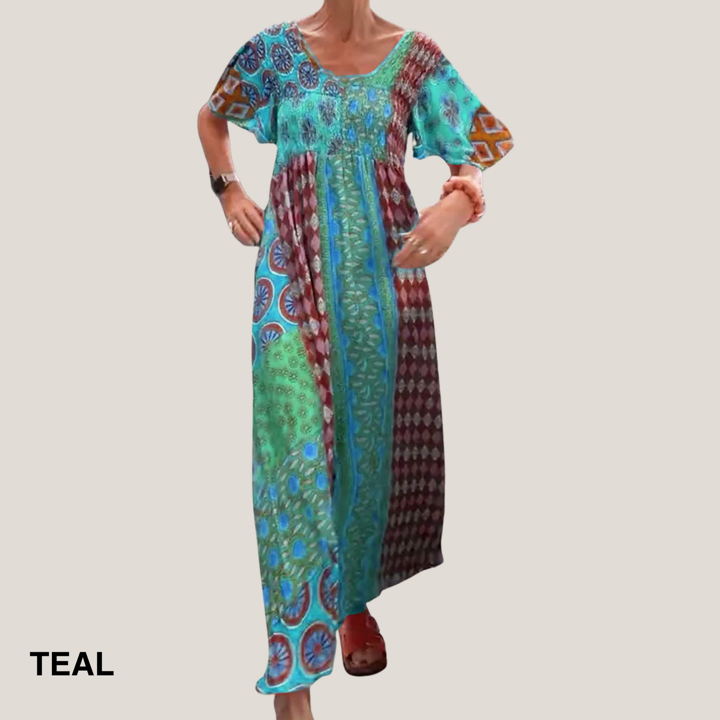KROHN-E Damen Midi-Kleid Paisley-Muster Fließend Rundhals Vielseitig
