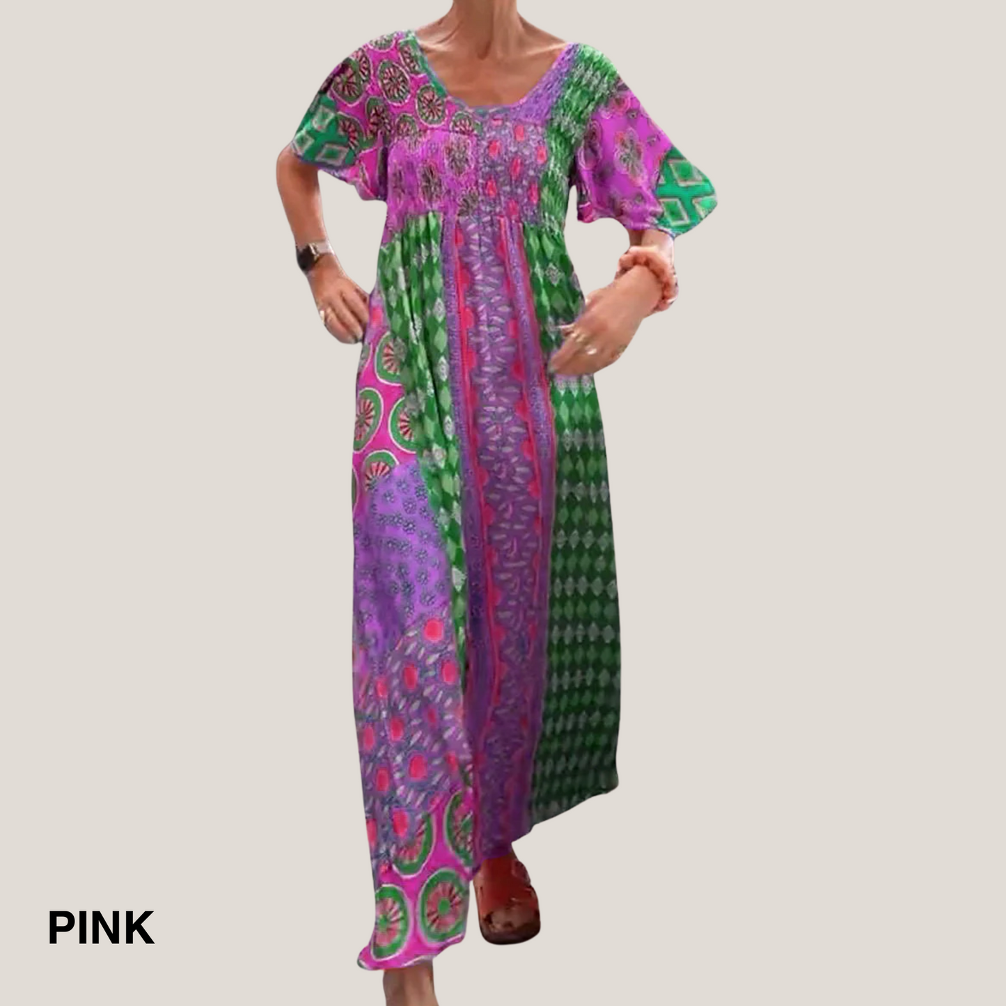 KROHN-E Damen Midi-Kleid Paisley-Muster Fließend Rundhals Vielseitig