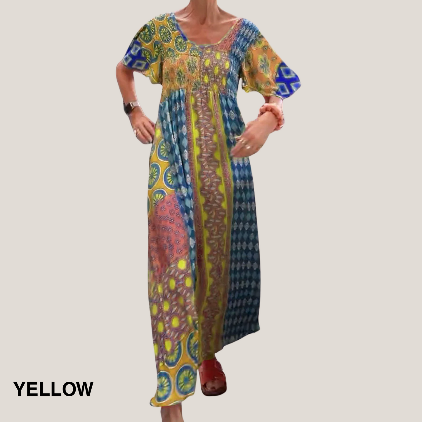 KROHN-E Damen Midi-Kleid Paisley-Muster Fließend Rundhals Vielseitig