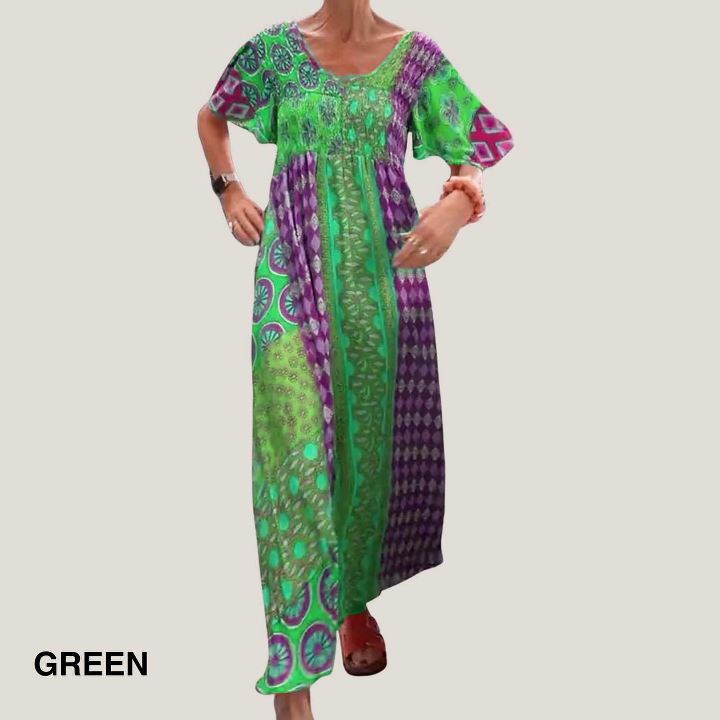 KROHN-E Damen Midi-Kleid Paisley-Muster Fließend Rundhals Vielseitig