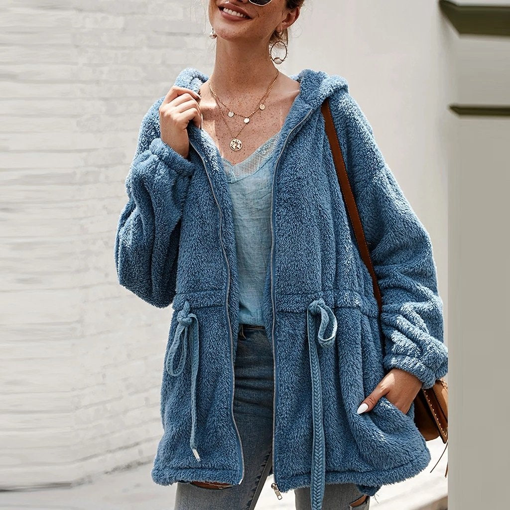 Krohn-e | Teddyjacke - Weicher Plüsch - Kapuze & Reißverschluss - Oversized Passform - Taschen