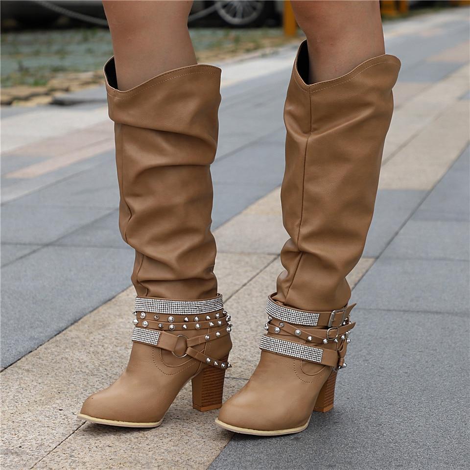 KROHN-E Damen Knie-Stiefel Slouchy Blockabsatz Vielseitig Elegant