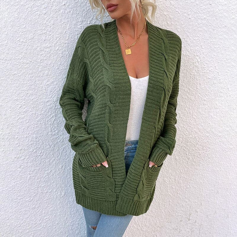 Krohn-e | Cardigan - Strick Kabelstrick - Offene Front - Lange Ärmel mit Taschen