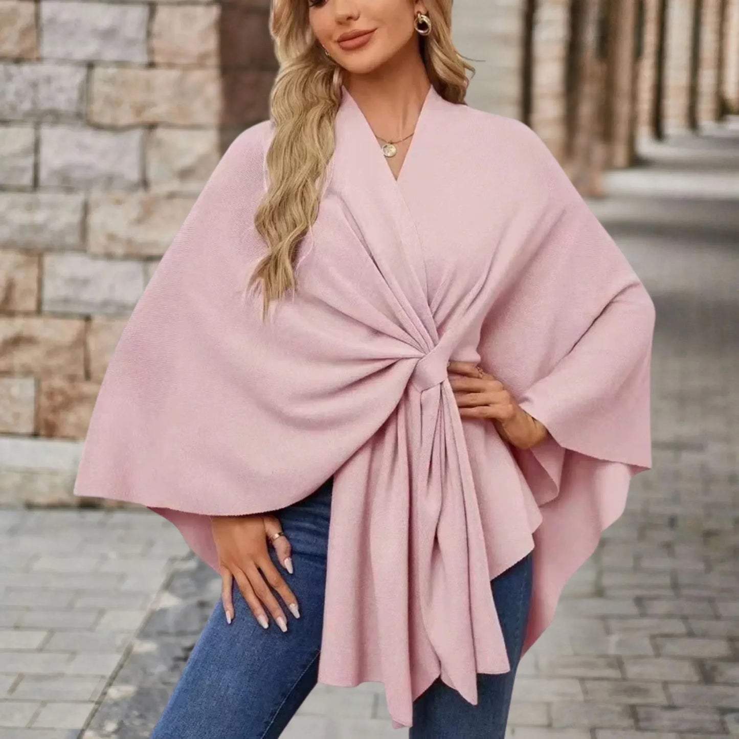 KROHN-E Damen Poncho Leicht Draped Knoten-Design Oversized