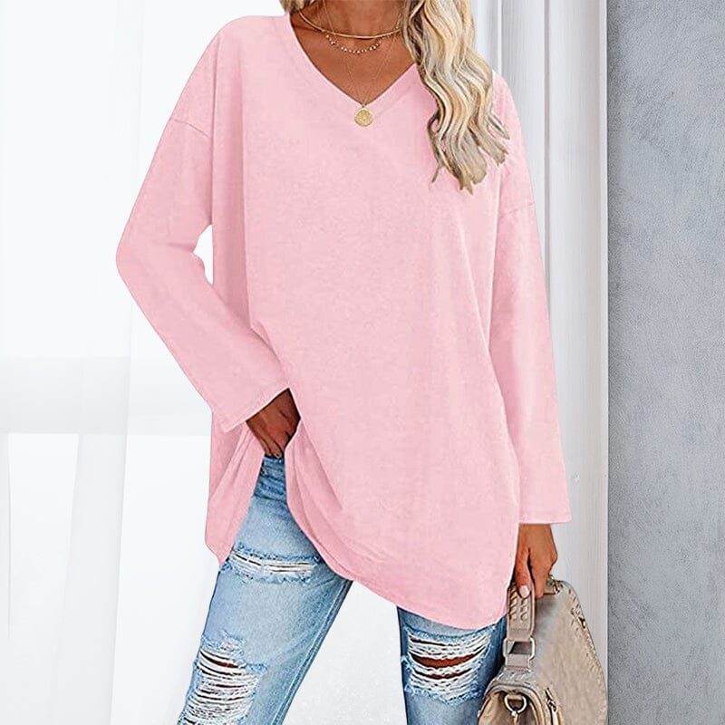 Modisches Damen-T-Shirt mit V-Ausschnitt, lockerer Schnitt und langen Ärmeln