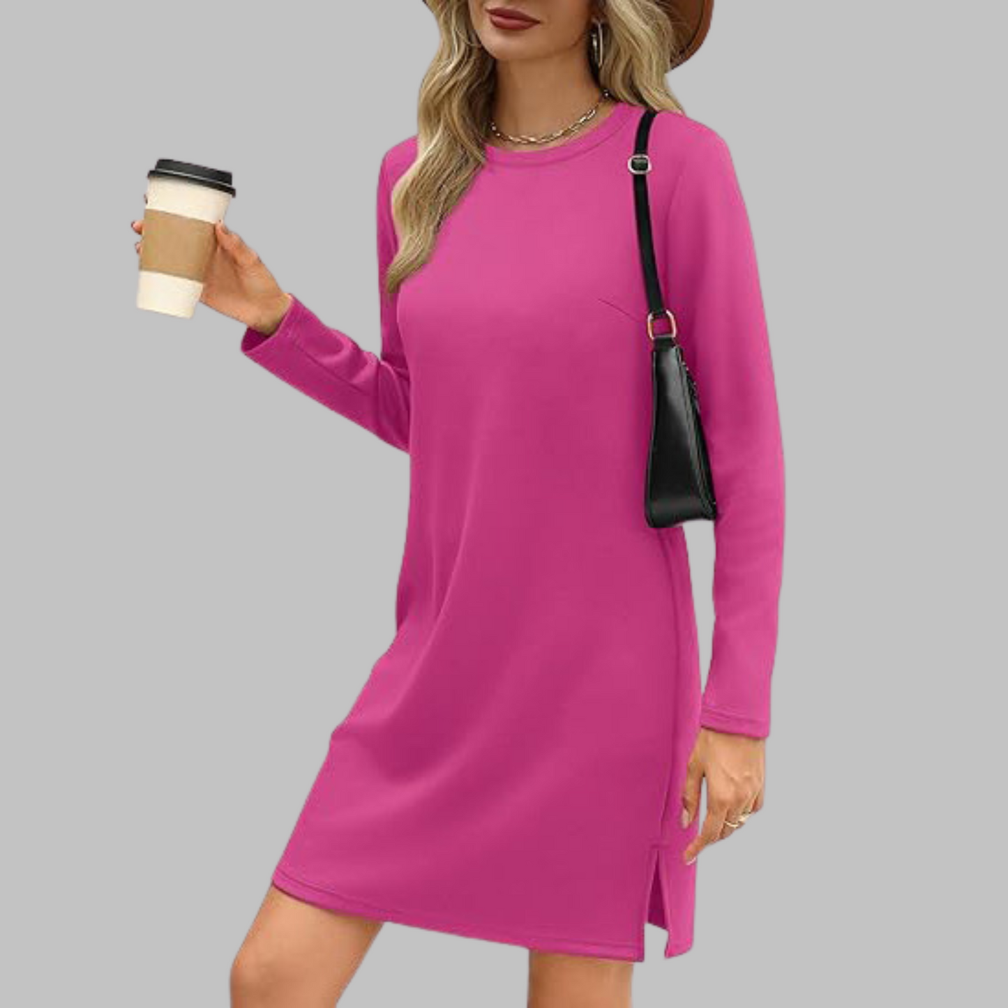 KROHN-E Damen Langarmkleid Rundhals Relaxed Fit Alltagskleid