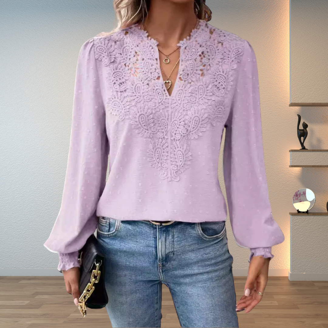 Sophie | Damen Bluse Langarm mit Spitze V-Ausschnitt